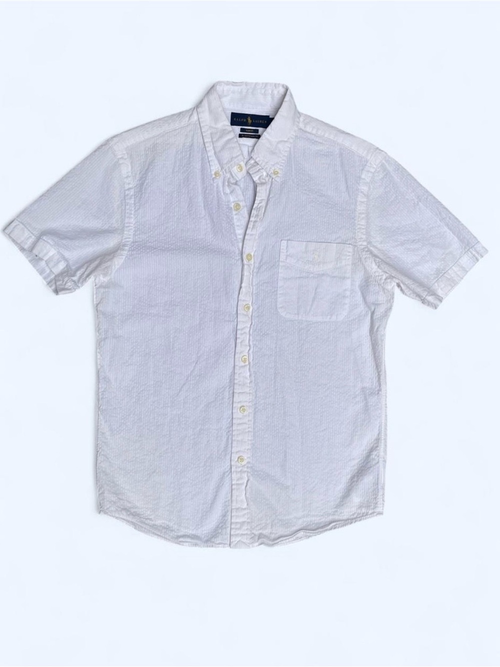 Ralph Lauren short sleeve seersucker button down shirt nautical coastal M